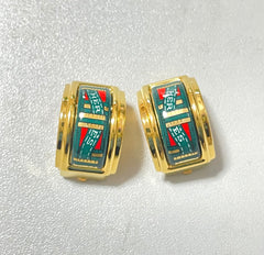 Vintage Hermes cloisonne golden earrings with green and red. Hermes ribbon. Great gift idea.0410281