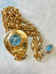 Vintage CHANEL statement necklace with gripoix blue stone and CC mark top. Double chain necklace. 0407282