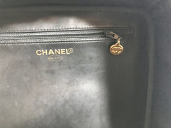 Vintage CHANEL patent enamel vanity bag, lunchbox shape shoulder bag with large CC stitch motif. 050320r5