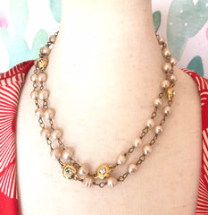 Vintage CHANEL clear gripoix and faux pearl necklace, long necklace. R0110115