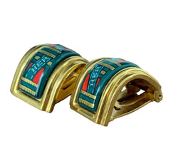 Vintage Hermes cloisonne golden earrings with green and red. Hermes ribbon. Great gift idea.0410281