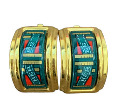 Vintage Hermes cloisonne golden earrings with green and red. Hermes ribbon. Great gift idea.0410281