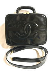 Vintage CHANEL patent enamel vanity bag, lunchbox shape shoulder bag with large CC stitch motif. 050320r5