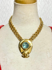 Vintage CHANEL statement necklace with gripoix blue stone and CC mark top. Double chain necklace. 0407282