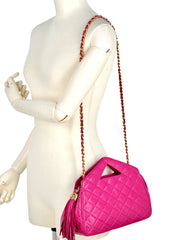 Vintage CHANEL pink lamb leather chain shoulder bag with fringe. Rare triangle handle handbag. Must have.