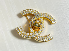 Vintage CHANEL golden turn lock CC pin brooch with crystals. Very classic and popular jewelry. Coco mark brooch. 0411251