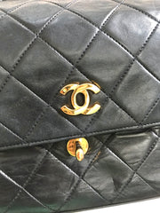 Vintage Chanel black leather 2.55 chain large shoulder bag with white trimming edge and a matching pouch. 0403284