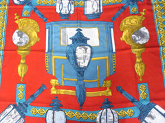 Vintage Hermes large carre twill silk scarf in light brick red, blue, and gold. Armor, Knight motif lamp design. Classic foulard. 050816f2