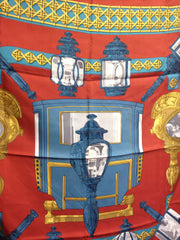 Vintage Hermes large carre twill silk scarf in light brick red, blue, and gold. Armor, Knight motif lamp design. Classic foulard. 050816f2