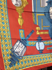Vintage Hermes large carre twill silk scarf in light brick red, blue, and gold. Armor, Knight motif lamp design. Classic foulard. 050816f2