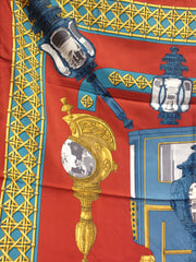 Vintage Hermes large carre twill silk scarf in light brick red, blue, and gold. Armor, Knight motif lamp design. Classic foulard. 050816f2