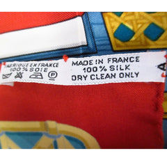 Vintage Hermes large carre twill silk scarf in light brick red, blue, and gold. Armor, Knight motif lamp design. Classic foulard. 050816f2