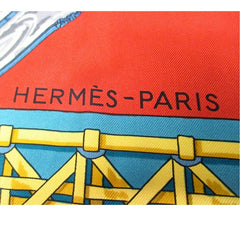 Vintage Hermes large carre twill silk scarf in light brick red, blue, and gold. Armor, Knight motif lamp design. Classic foulard. 050816f2
