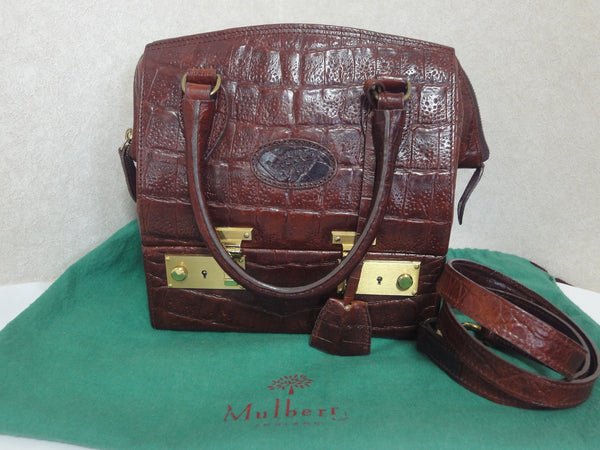 Vintage Iconic Top Handle Croc Embossed Leather Handbag with Strap