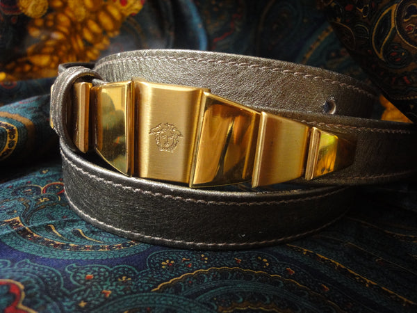 Gianni Versace Silver-Toned Medusa Leather Belt