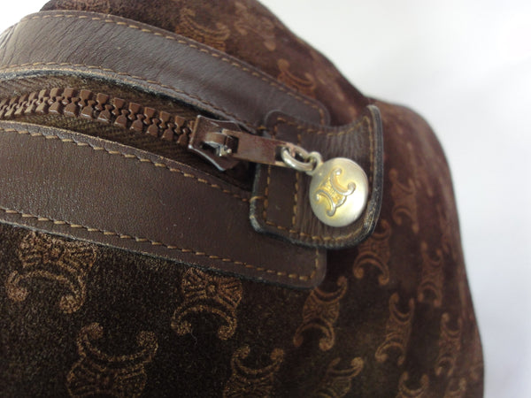 Celine Vintage Brown Monogram Suede And Leather Macadam Shoulder Bag