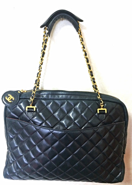 Chanel Vintage Black Matelasse Quilted Lambskin Leather Large CC