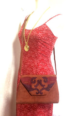 Vintage Bally brown, red, and purple suede leather ethnic design shoulder bag, clutch purse. 170620