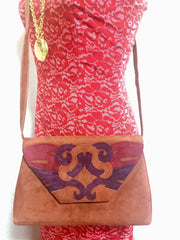 Vintage Bally brown, red, and purple suede leather ethnic design shoulder bag, clutch purse. 170620