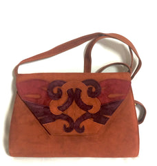 Vintage Bally brown, red, and purple suede leather ethnic design shoulder bag, clutch purse. 170620