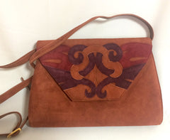 Vintage Bally brown, red, and purple suede leather ethnic design shoulder bag, clutch purse.