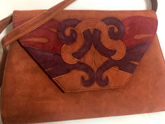 Vintage Bally brown, red, and purple suede leather ethnic design shoulder bag, clutch purse. 170620
