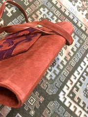Vintage Bally brown, red, and purple suede leather ethnic design shoulder bag, clutch purse. 170620