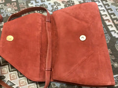 Vintage Bally brown, red, and purple suede leather ethnic design shoulder bag, clutch purse. 170620
