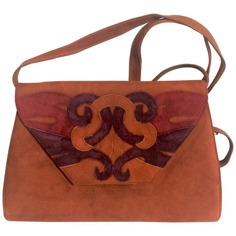 Vintage Bally brown, red, and purple suede leather ethnic design shoulder bag, clutch purse.