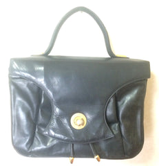 Vintage Bally black leather retro pop design bag, business purse with gold tone drawstrings and unique flap cut design. Unisex use. 160315