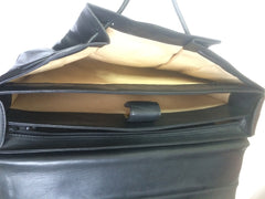 Vintage Bally black leather retro pop design bag, business purse with gold tone drawstrings and unique flap cut design. Unisex use. 160315