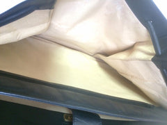 Vintage Bally black leather retro pop design bag, business purse with gold tone drawstrings and unique flap cut design. Unisex use. 160315