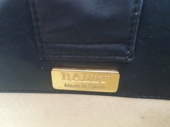 Vintage Bally black leather retro pop design bag, business purse with gold tone drawstrings and unique flap cut design. Unisex use. 160315