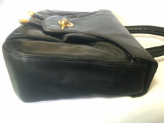 Vintage Bally black leather retro pop design bag, business purse with gold tone drawstrings and unique flap cut design. Unisex use. 160315