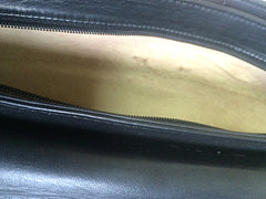 Vintage Bally black leather retro pop design bag, business purse with gold tone drawstrings and unique flap cut design. Unisex use. 160315