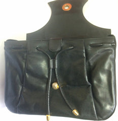 Vintage Bally black leather retro pop design bag, business purse with gold tone drawstrings and unique flap cut design. Unisex use. 160315