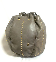 Vintage BALLY taupe gray lamb leather ball shape hobo bucket shoulder bag with golden B charm. Unique design. 050315r4
