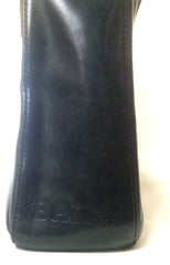Vintage Bally black leather retro pop design bag, business purse with gold tone drawstrings and unique flap cut design. Unisex use. 160315