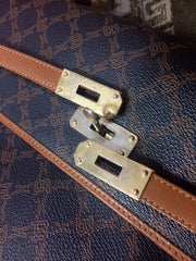 Vintage Bally large brown handbag in classic Kelly bag style with leather trimming and logo print allover. Classic purse for any occasions.