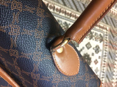Vintage Bally large brown handbag in classic Kelly bag style with leather trimming and logo print allover. Classic purse for any occasions.