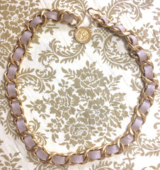 80's Vintage CHANEL beige leather thick chain belt with golden CC and mademoiselle charm. Nice and heavy single layer belt from CHANEL.