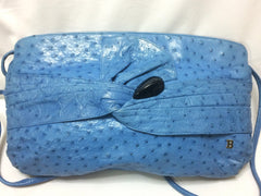 1980s. Vintage BALLY genuine blue ostrich leather shoulder bag with gathered knot, bow design and black motif. Made in W. Germany. 050406r3