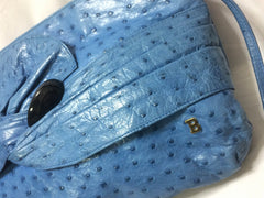 1980s. Vintage BALLY genuine blue ostrich leather shoulder bag with gathered knot, bow design and black motif. Made in W. Germany. 050406r3