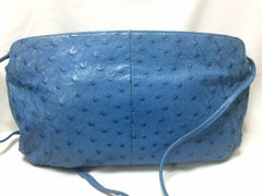 1980s. Vintage BALLY genuine blue ostrich leather shoulder bag with gathered knot, bow design and black motif. Made in W. Germany. 050406r3