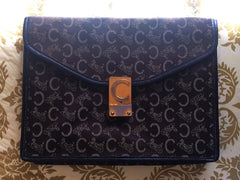 Vintage CELINE dark brown iconic carriage jacquard clutch bag with leather trimmings. Mini document case. Unisex use.