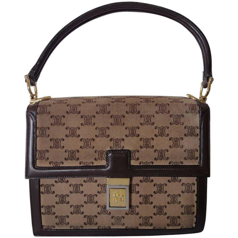80's vintage CELINE genuine beige and brown suede leather handbag with classic macadam blason print allover. Rare masterpiece