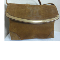 Vintage CELINE genuine suede tanned brown leather shoulder bag, clutch purse with golden frame flap and embossed triomphe logo. 050818f4