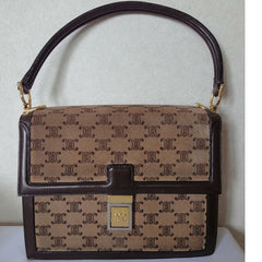 80's vintage CELINE genuine beige and brown suede leather handbag with classic macadam blason print allover. Rare masterpiece