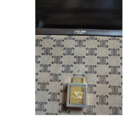 80's vintage CELINE genuine beige and brown suede leather handbag with classic macadam blason print allover. Rare masterpiece