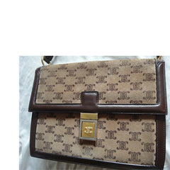80's vintage CELINE genuine beige and brown suede leather handbag with classic macadam blason print allover. Rare masterpiece